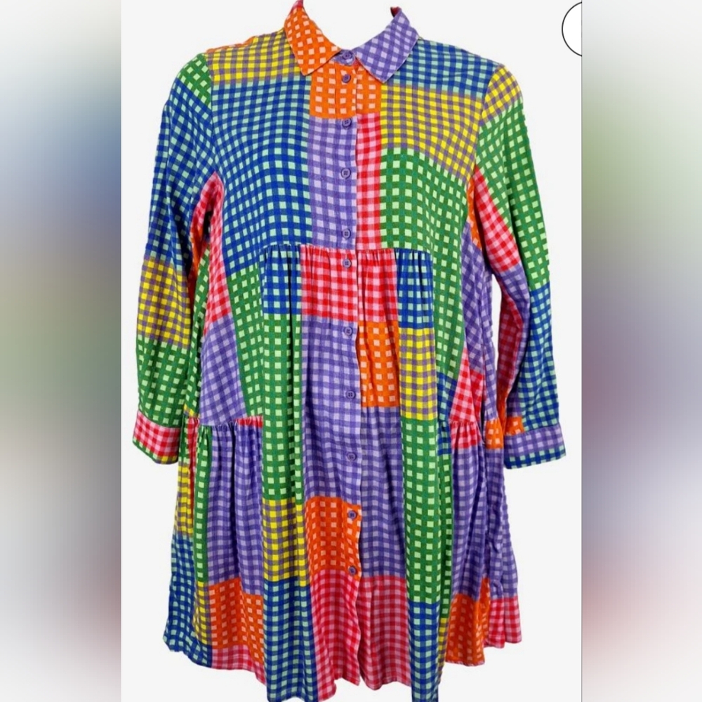 Gorman Patchwork Multi Colored midi Dress Button Up Cotton Au 20 US 16 Oversized